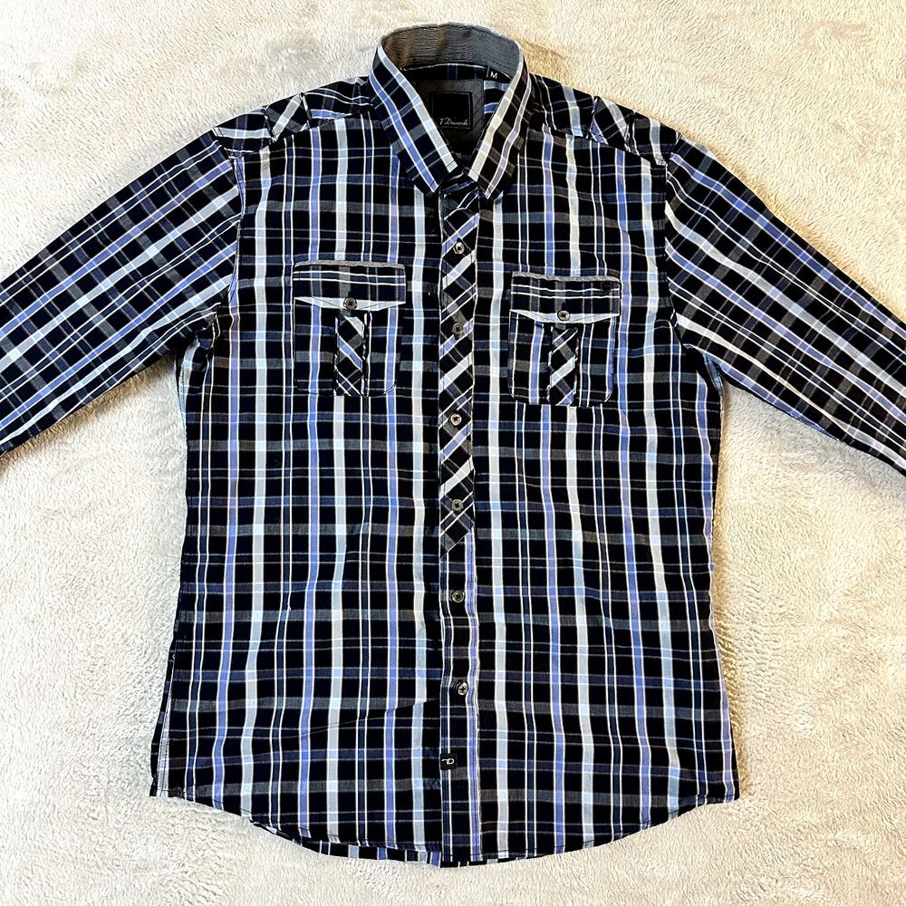 7‎ Diamonds Midnight Love Affair Button Down Navy Blue Plaid Men's Slim M Shirt